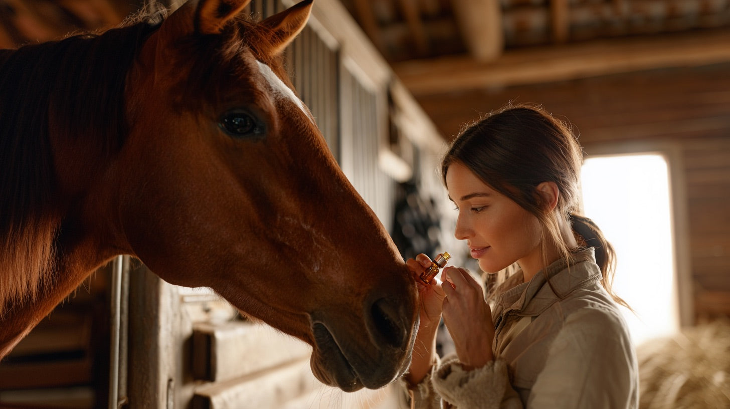 Eine Frau mit einem CBD Öl für Pferde und einem Pferd