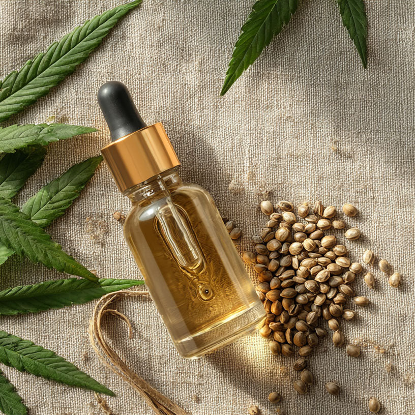 CBD Tropfen neben Hanfsamen